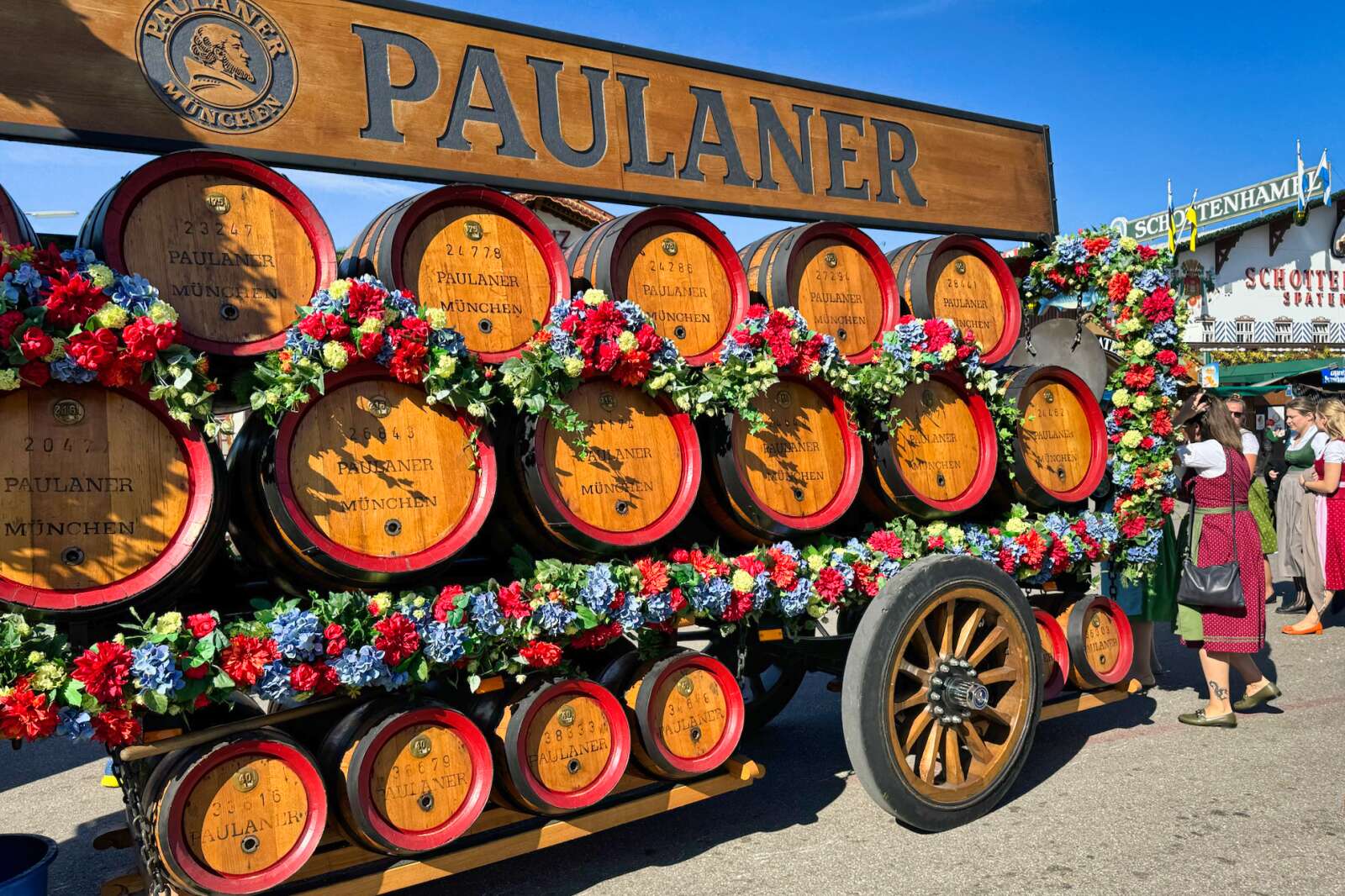 A decorated beer keg cart at the Oktoberfest grounds in Munich, Germany.