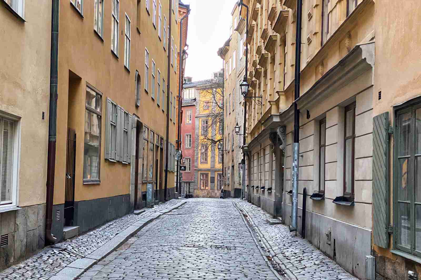 An empty narrow side street in Gamla Stan, Old Town in Stockholm, Sweden