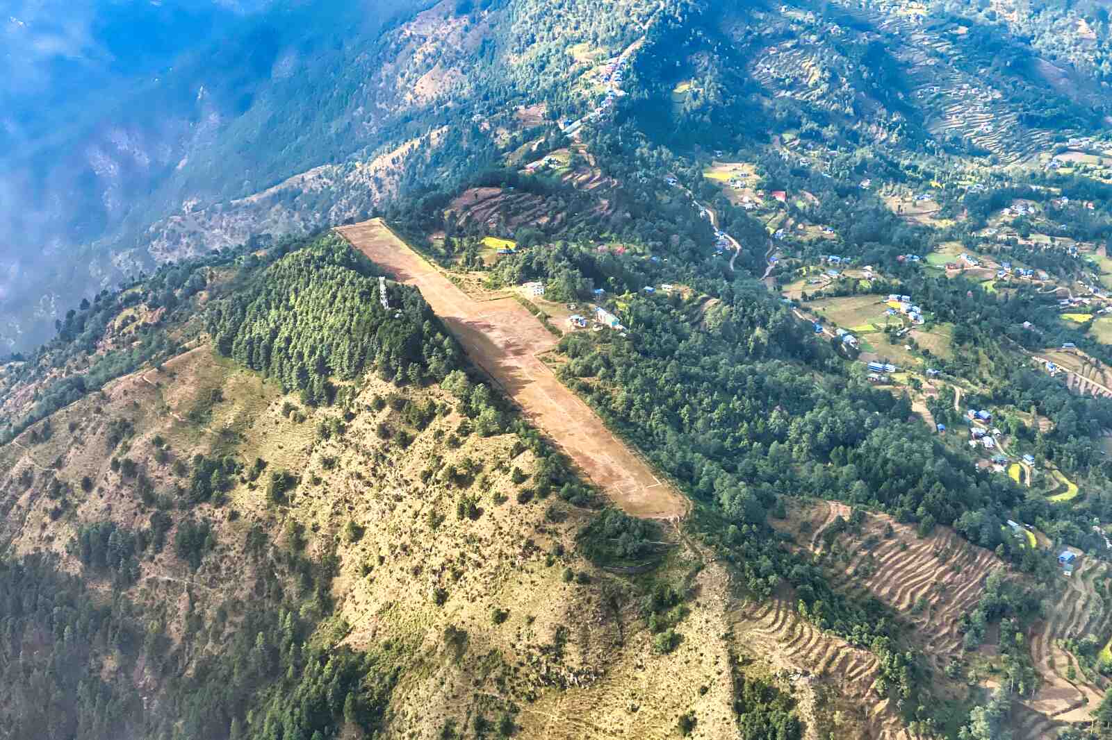 An aerial view of a short landing strip near Kathmandu, Nepal.