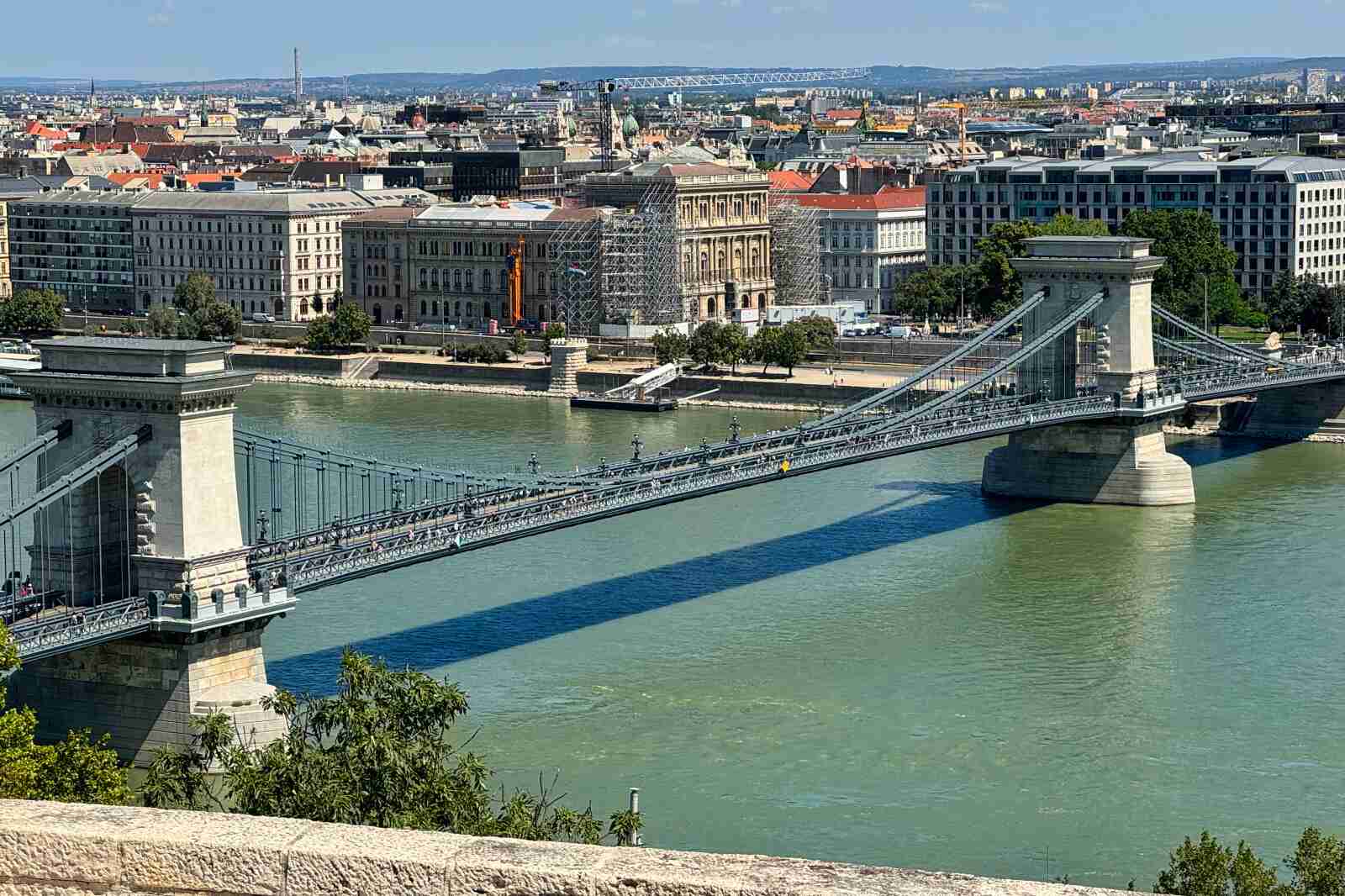 A view of the Szechenyi bridge in Budapest, Hungary.