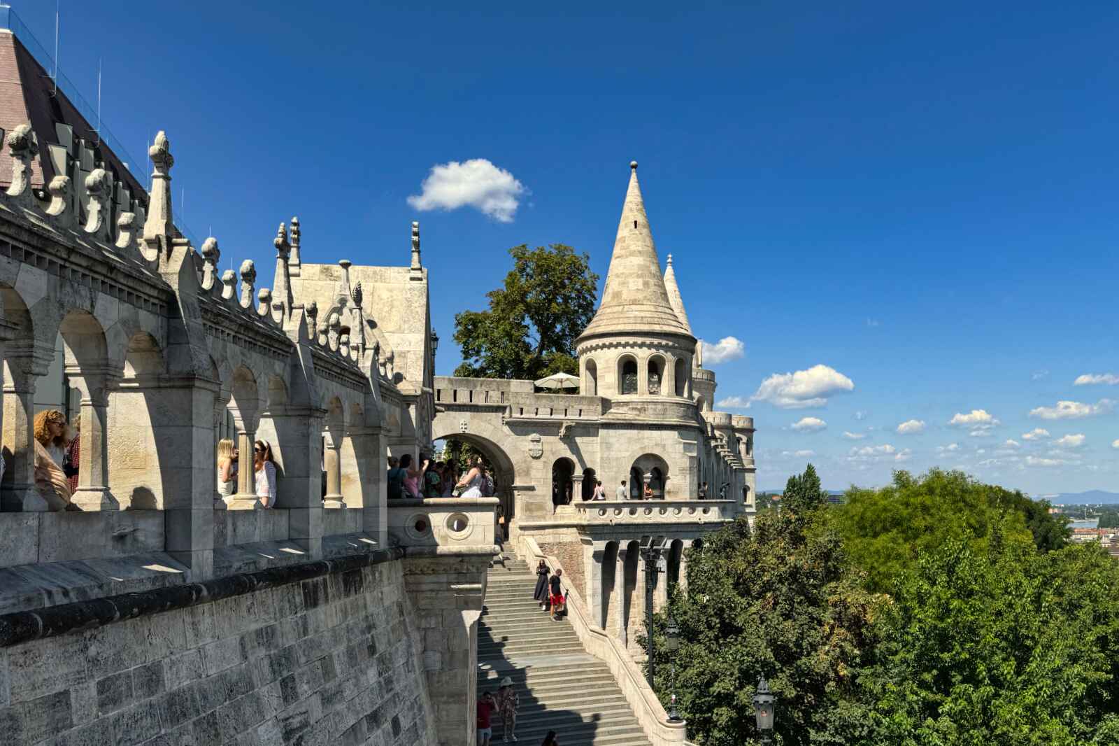 People walking up the stairs to Fisherman's Bastion in Budapest, Hungary.