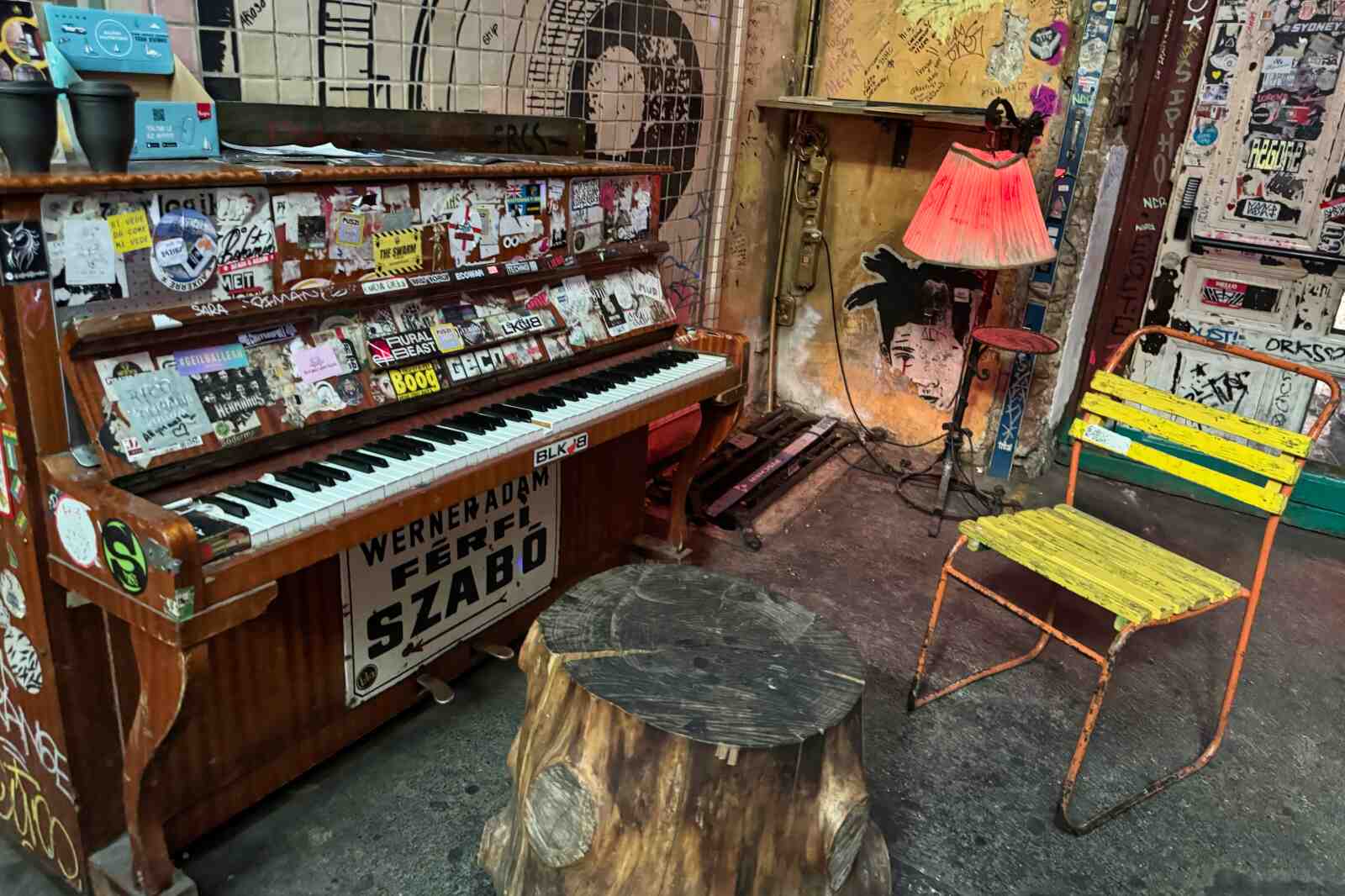 A piano inside Szimpla Kert, a ruin bar in Budapest, Hungary.