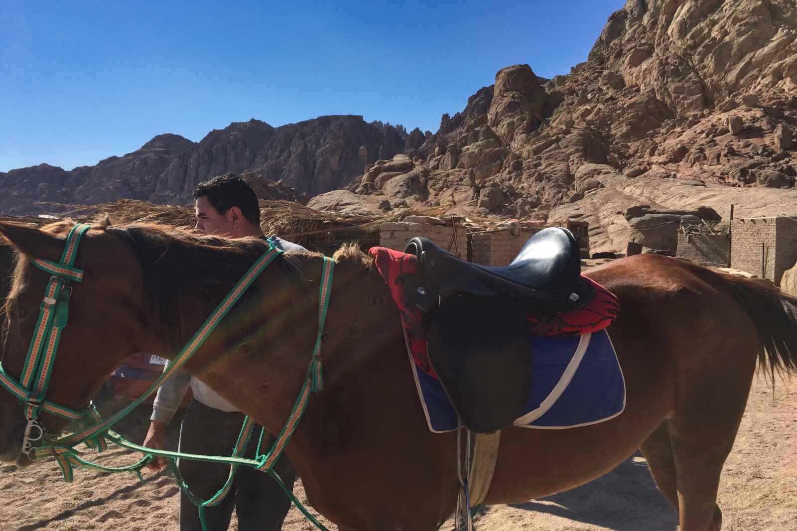 A man and his horse at the base of the mountains near Sharm El-Sheikh, Egypt.