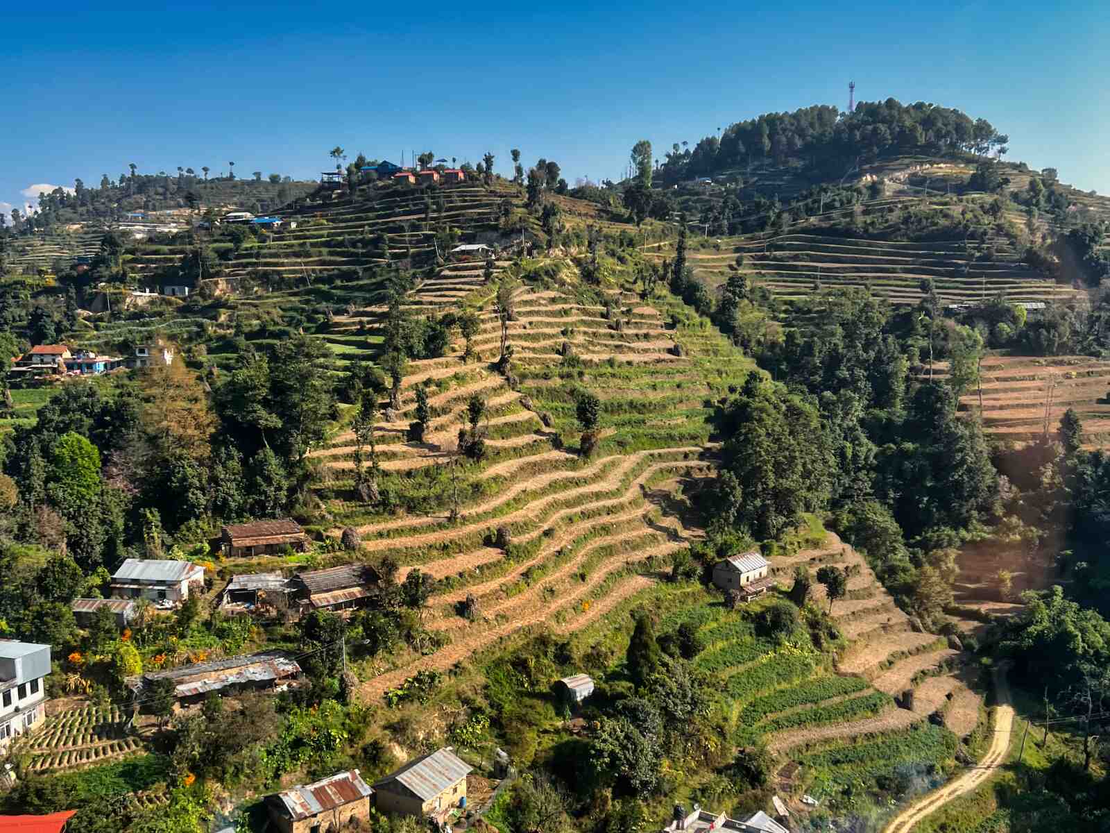 Houses decorate a stepped hill near Kathmandu, Nepal.