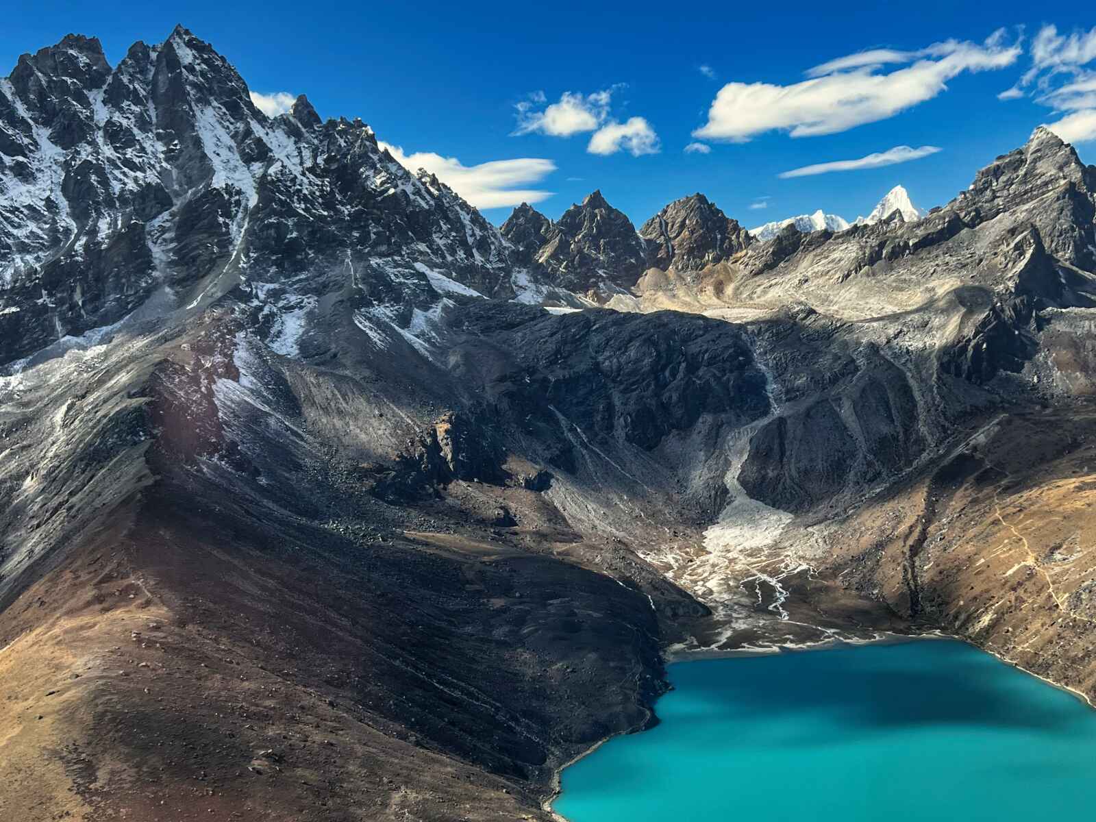 A view of some of the mountains in the Himalayas by a lake in Nepal.