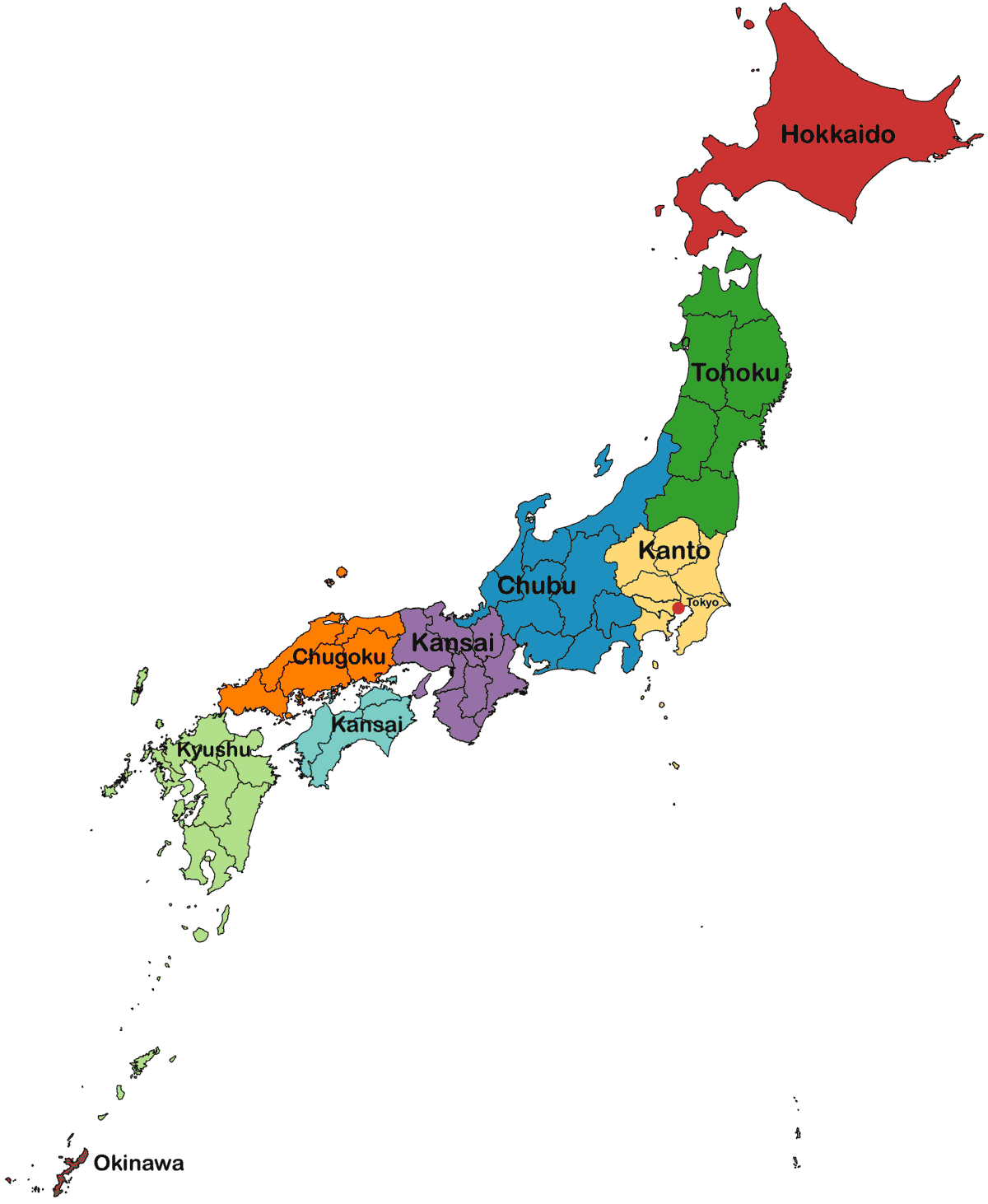 A map of Japan highlighting each region.